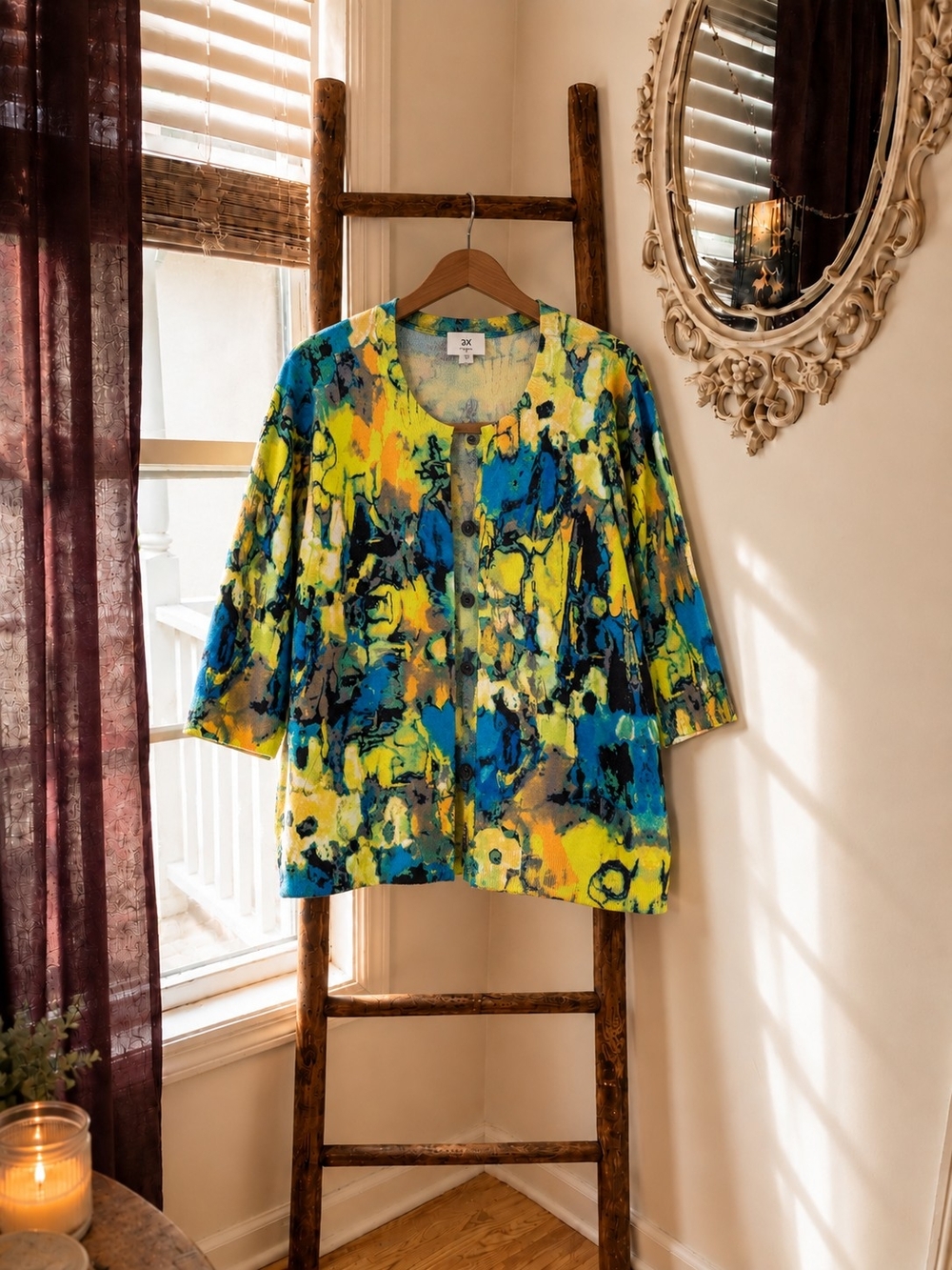 Abstract Brushstroke Cardigan 3X Colorful Button Front Artsy E Statement Cardiga